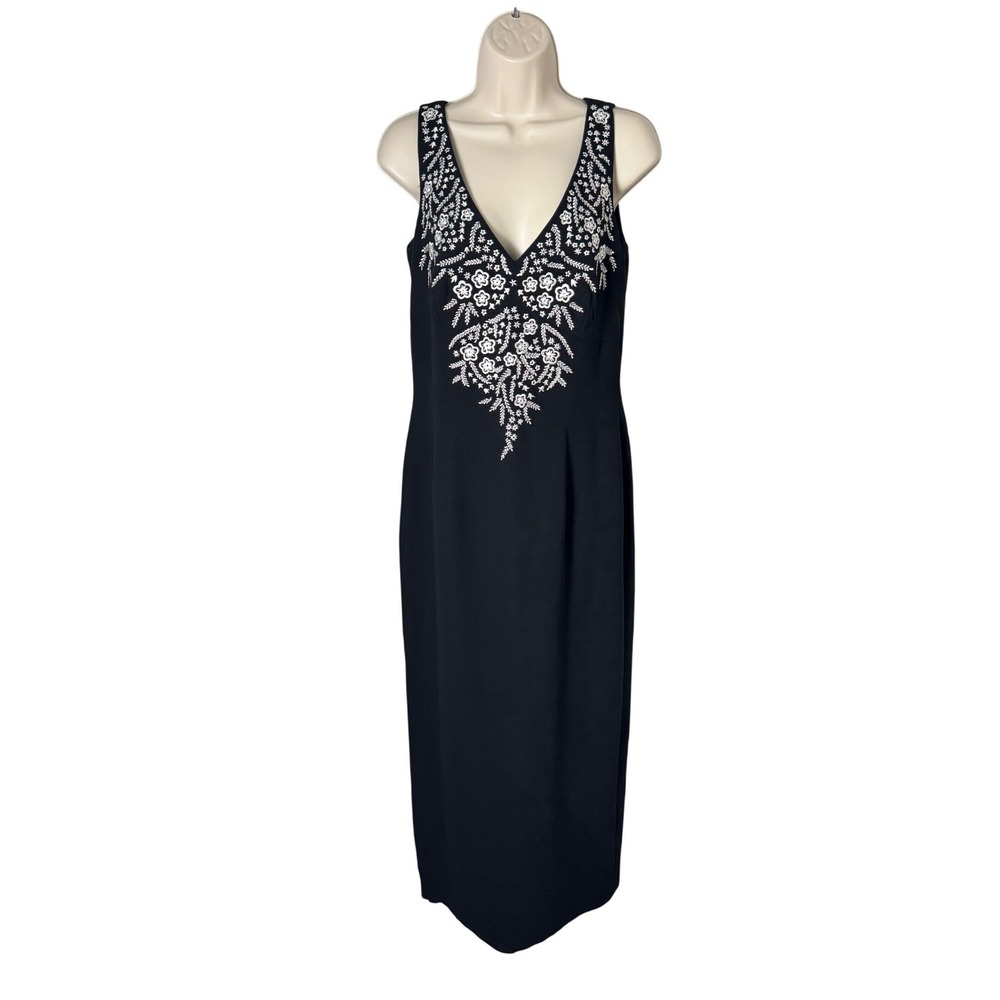 Maggy London Embroidered Floral Maxi Dress Black Sz 10 Sleeveless Gown Evening